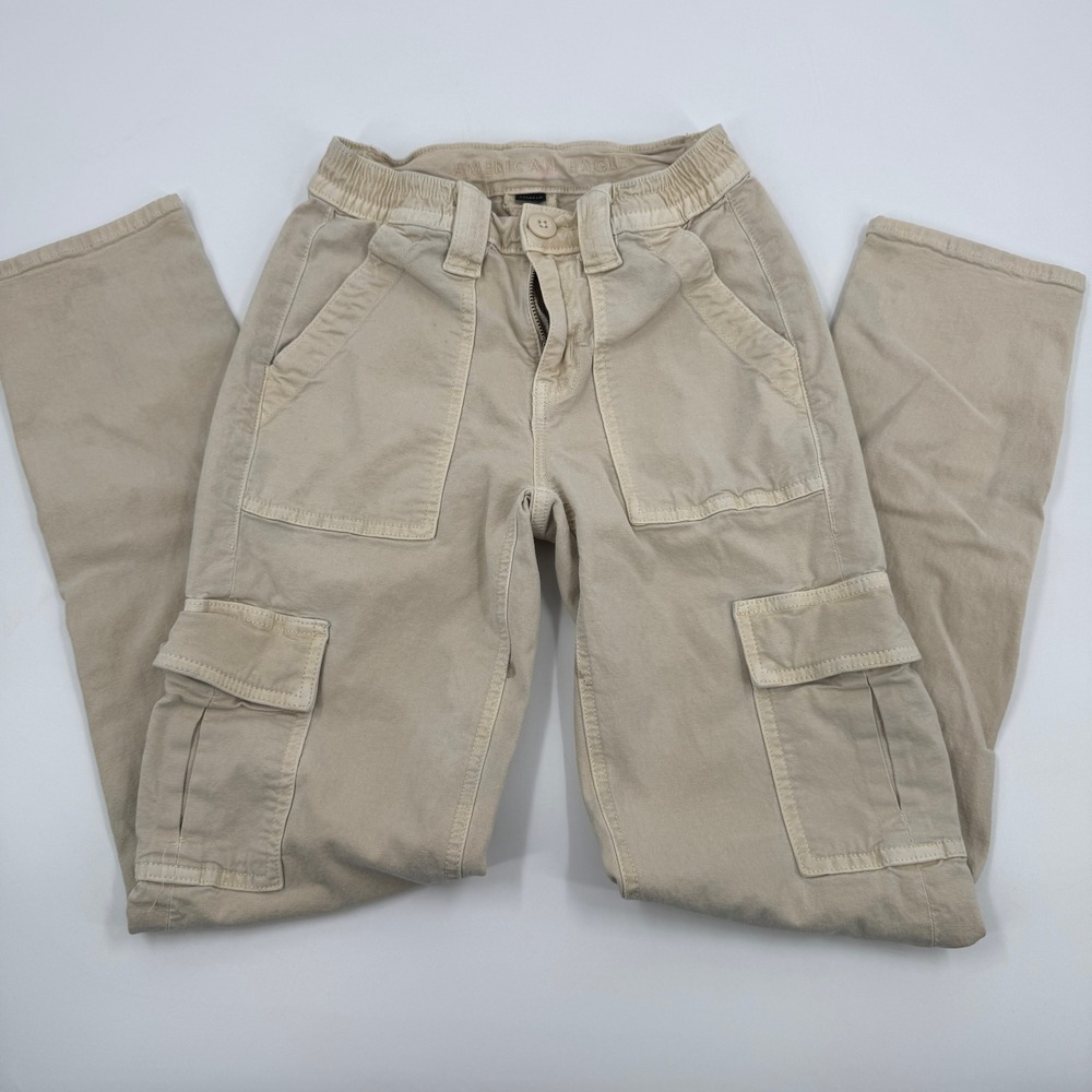 American Eagle Cargo Pants Women 000 Regular Beige Stretch Utility Slim Straight